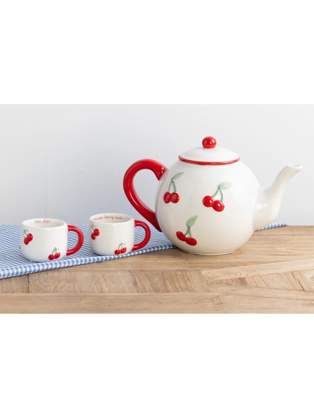 Cherry Ceramic Teapot (41 oz) with Lid and 2 mugs (3 oz)